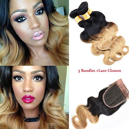 XCCOCO Grade 8A Brazilian Body Wave 3 Bundles With Free Part Lace Closure Black to Blone Ombre Two Tone Virgin Human Hair Weft Weaves (T1B/27#, 20"22"24"+18")