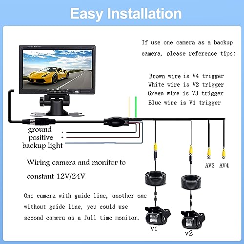 CAMECHO Backup Camera Kit with 7" LCD Display Dual Camera and 4 Channel Quad Video Input, IP68 Waterproof Rearview Camera for Camper, Truck, RV and Trailers