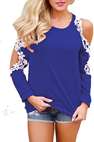 Cinyifan Casual T Shirt Floral Lace Trim Crochet Long Sleeve Cold Shoulder Tops Blouse For Women