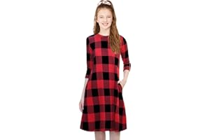 KYMIDY Girls Buffalo Check Plaid Dress Kids 3/4 Sleeve Casual Midi Dresses with Pockets for Girls 6-14 Years
