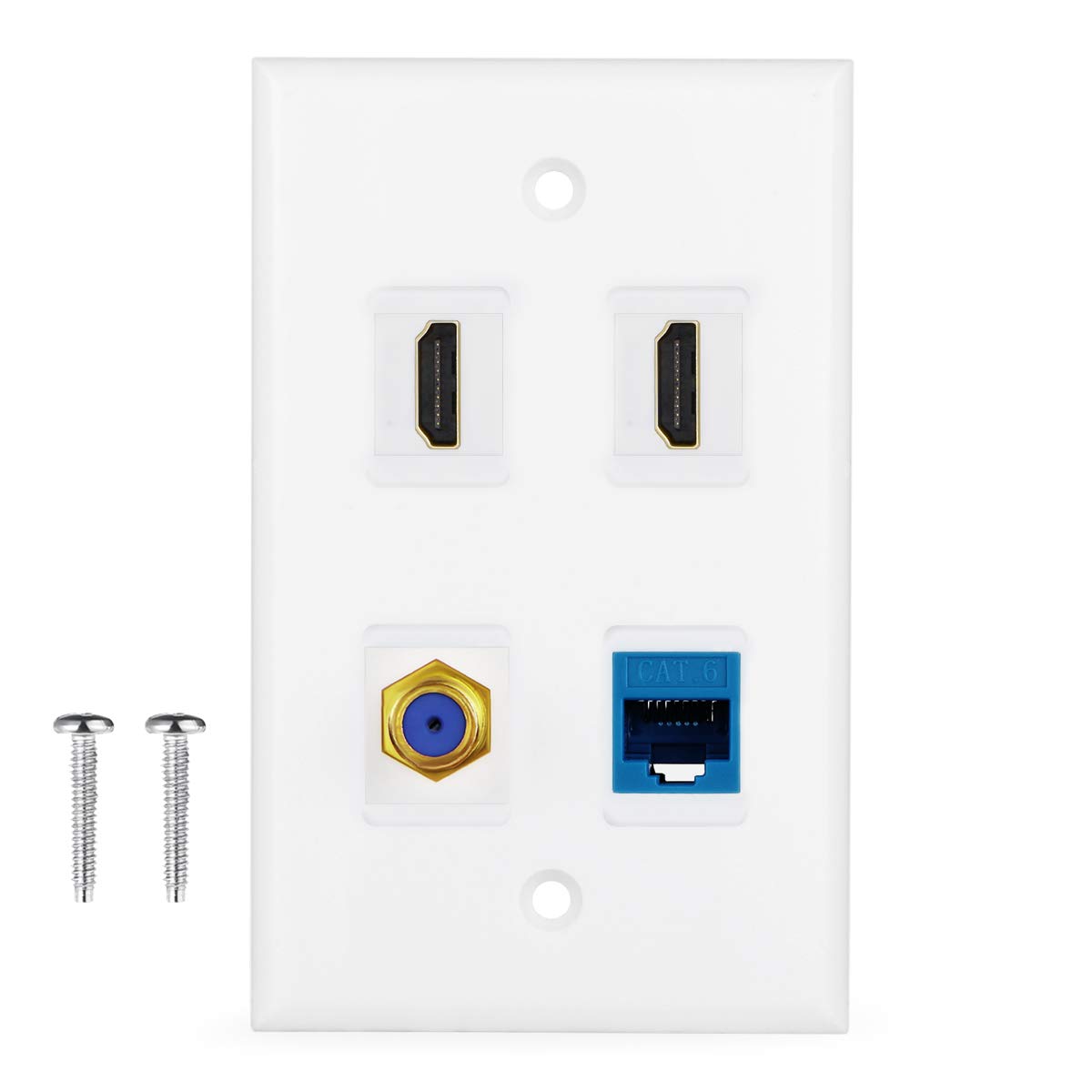 Tayte HDMI Coax Ethernet Wall Plate, 4-Port, White, Cat6, HDMI, Coax, Ethernet, Home, Tool-less, Premium Quality