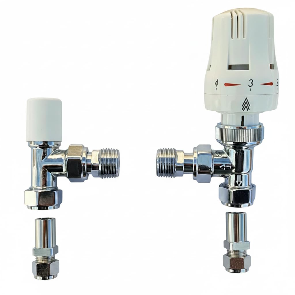 Greened House 1/2"/10mm Angled White Thermostatic Radiator Valve/Towel Rail Valve 1/2" / 10mm Designer radiator valve