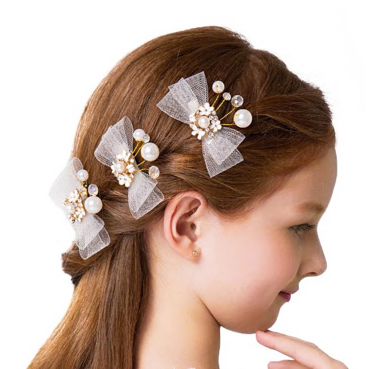 IYOU Bow Hair Clip Gold Flower Headpieces Pearl Crystal Head pieces First Communion Lace Hair Accessories for Flower Girls and Bridesmaid (pack of 3)