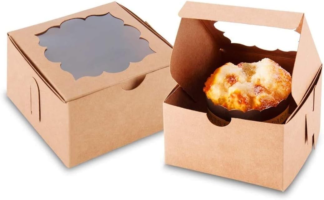 NPLUX 50 Pack Bakery Boxes with Window 4x4x2.5 inches Treat Boxes Mini Cupcake Boxes(Brown)