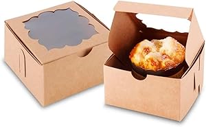 NPLUX 50 Pack Bakery Boxes with Window 4x4x2.5 inches Treat Boxes Mini Cupcake Boxes(Brown)