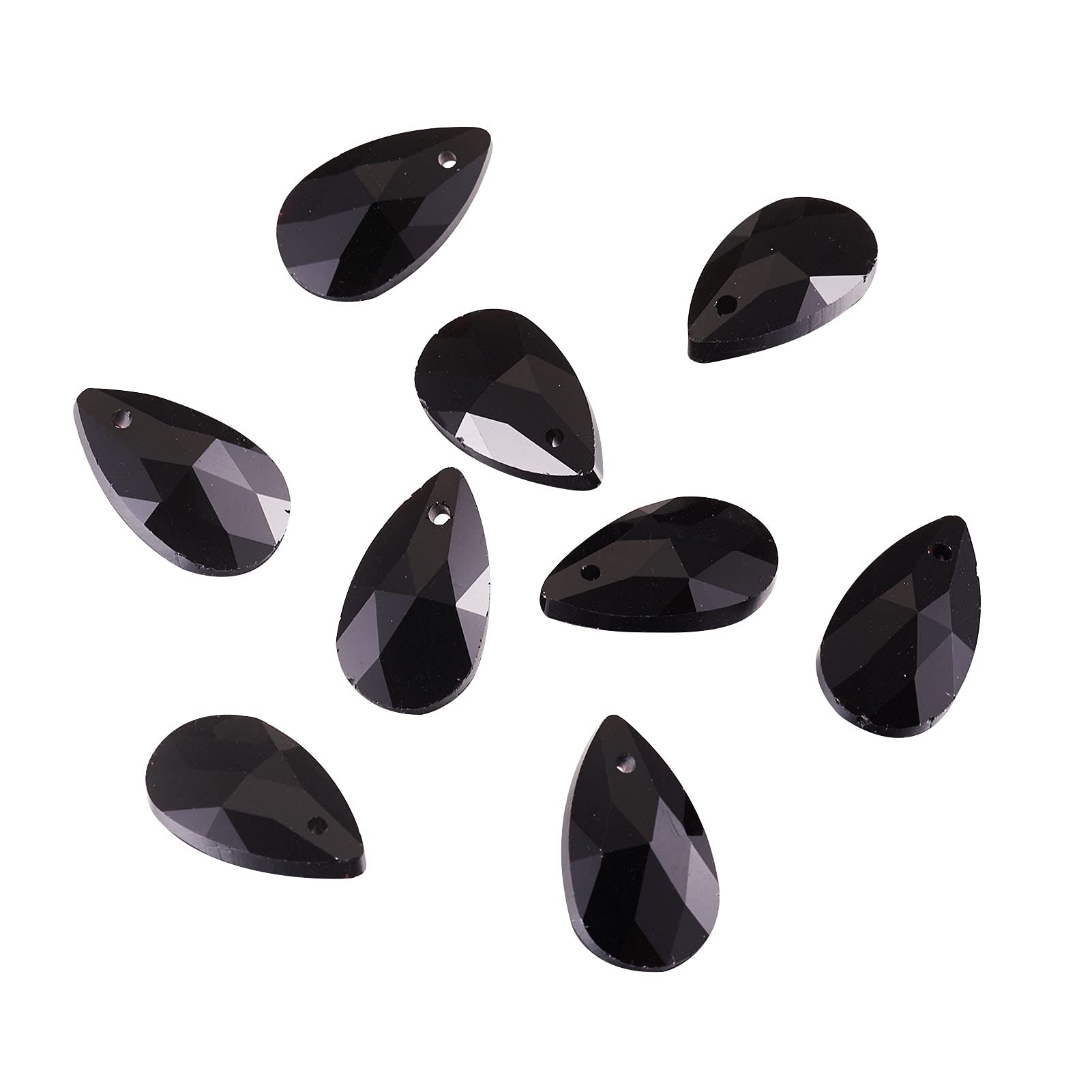 Beadthoven 100pcs Teardrop Glass Beads Black Faceted Dorp Crystal Beads Top Drilled Dangle Pendants for Jwewelry Making Chandelier Home Hanging Decor, Hole: 1mm