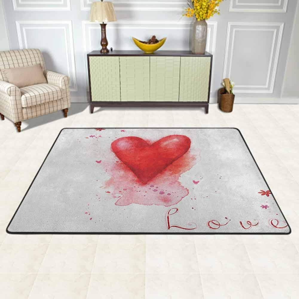 Love Area Rug Large Rug Mat Watercolor Heart Form with Leaking Splash Elements on It Flower Boho Valentines Print Rugs for Living Room Red White for Living Dining Dorm Playing Room Bedroom 4'7"x6'6"