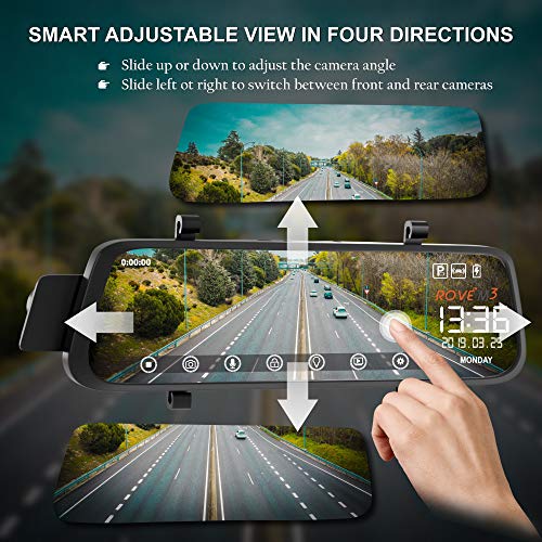 Rove M3 Streaming Mirror Dashboard Camera, FHD 1080p Front and Rear View 9.66 Inch Touch Screen Monitor Dual Lens Dash Cam with Built in Backup Camera, GPS Player, Parking G-Sensor, Motion Detection