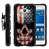TurtleArmor | Compatible for Samsung Galaxy Grand Prime Case | G530 [Hyper Shock] Hybrid Dual Layer Armor Holster Belt Clip Case Kickstand - US Flag Skull