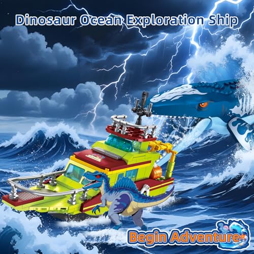 Dinosaur Explorers Ocean Building Set 3 in 1 Compatible with Dinosaur Park World, Boat & Dinosaurs Mosasaurus Spinosaurus with Articulated Joints, Toy Children 6-12 Years Old