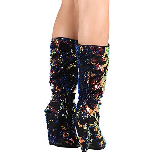 BAMBOO Womens Pointy Toe Slouchy Holographic Cone Heel Back Zipper Sequin Knee High Boots 10 Blue Multi - Thumbnail 2