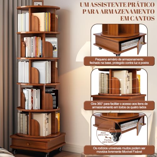 Estante para Livros, Estante Livreiro Giratória 360 Graus, Estánte Giratória, 5 Andares Estanté Girátoriá Livrós, Estanté Livros com Destacável Nichós, Livreiro Estánte Livrós, Base com gavetas