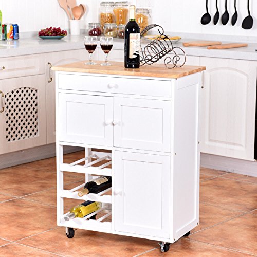 New Modern Rolling Kitchen Cart Trolley Island Storage Cabinet W/ Drawer Wine Rack Allblessings