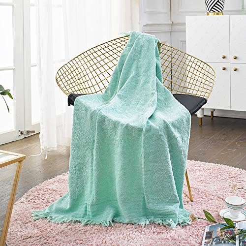 JADE HOME Soft Cotton Throw for Couch with Fringe, Lightweight Decorative Knitted Couch Throw for Sofa Throw Blanket, 50" x 60", Diamond Turquoise Blue