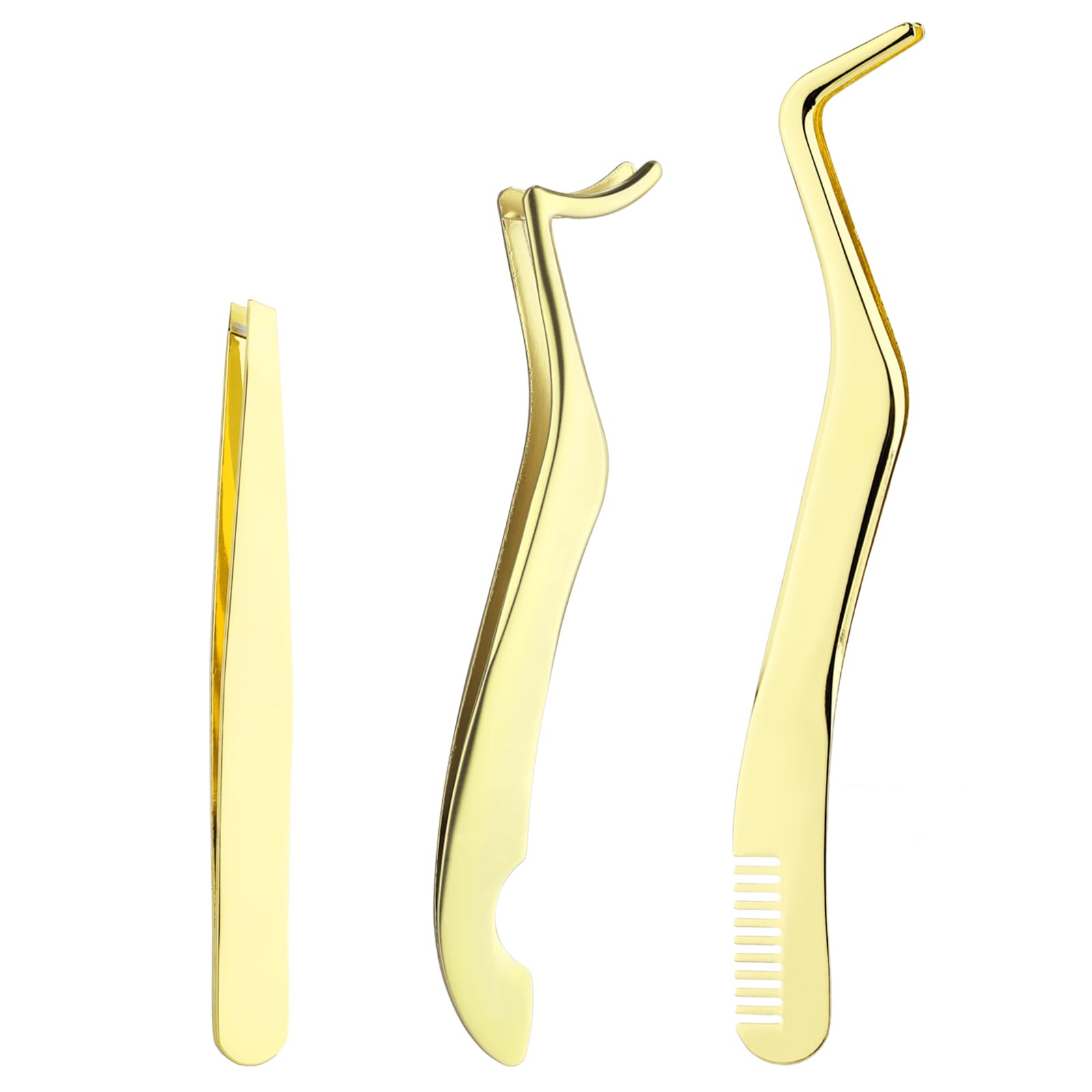 3pcs Lash Tweezers Set, Stainless Steel Eyelash Applicator Tool False Lash Tweezers Eyelash Extension Supplies for Beginner Girls Makeup Artist (Gold)