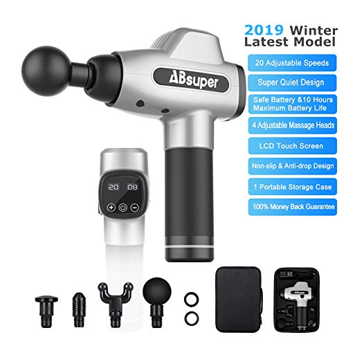 Massage Gun 2019 Winter Upgraded, ABsuper High-Intensity Percussion Massager for Pain Relief, Super Quiet 20 Speeds Rechargeable Muscle Massager with Four Different Heads for Different Muscle Groups