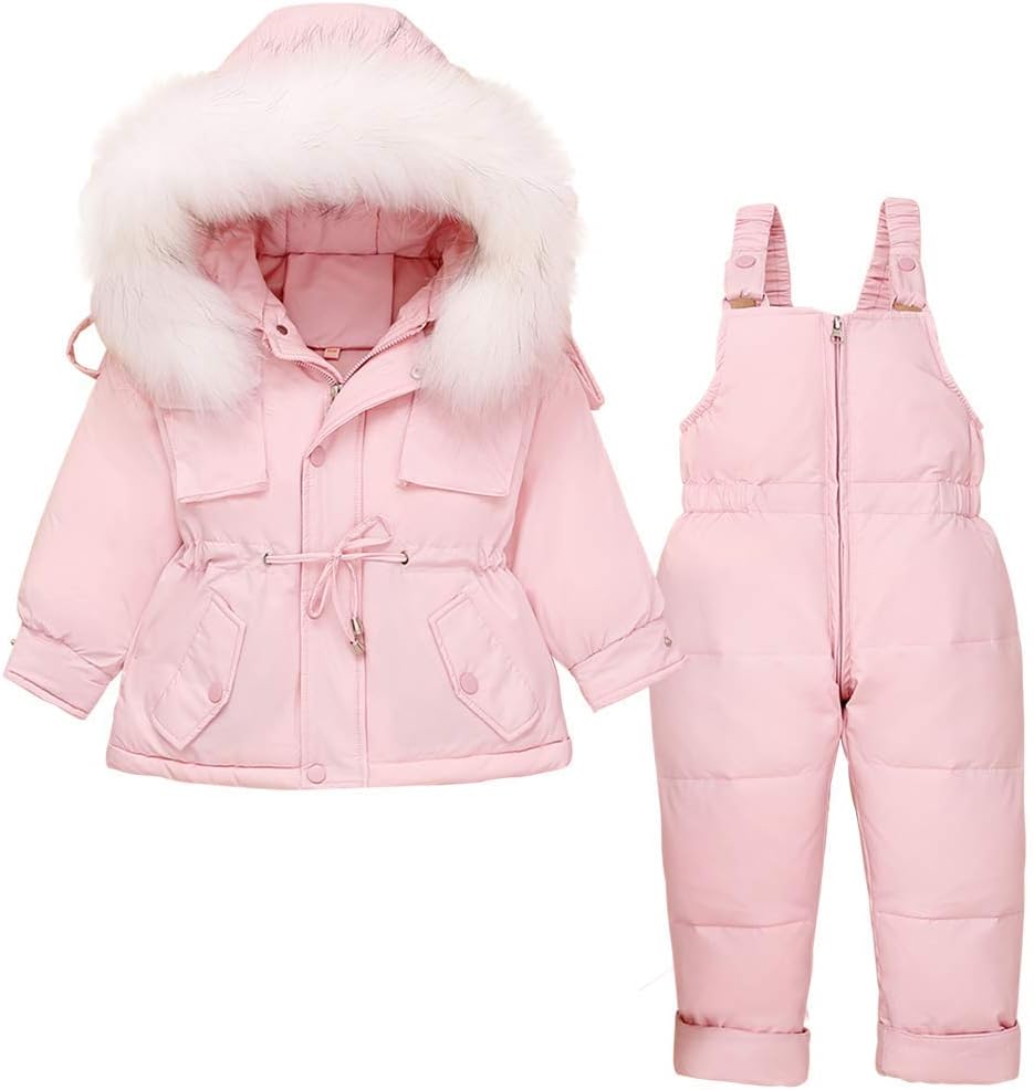 SANMIO Toddler Baby Girls Two Piece Snowsuit, Cute Winter Hooded Puffer Down Jacket Coat with Ski Bib Pants