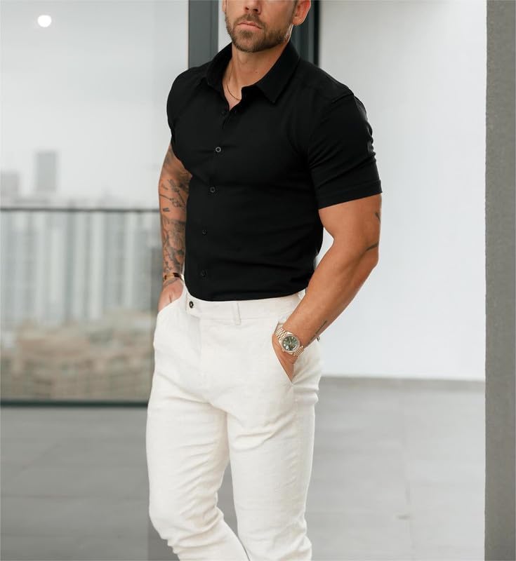 EOUOSS Men’s Muscle Fit Dress Shirts Athletic Slim Fit Short Sleeve Stretch Casual Button Down Shirt
