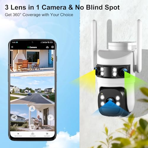 8MP 6K Triple Lens Solar Security Camera Outdoor, 5GHz/2.4GHz WiFi Wireless PTZ Camera, Color Night Vision, Auto Human Tracking, Two-Way Audio,IP66 Weatherproof Home Surveillance Cam