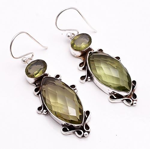 925 Sterling Silver Overlay Earrings, Green Amethyst Quartz Gemstone Jewelry Pe88