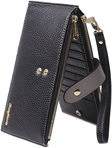 Borgasets RFID Blocking Women's Leather Wallet Zip Card Case Purse with Removable Strap Wristlet and ID Holder Black