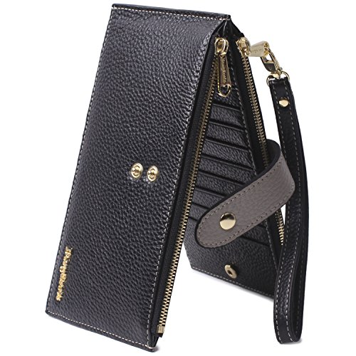 Borgasets RFID Blocking Women's Leather Wallet Zip Card Case Purse with Removable Strap Wristlet and ID Holder Black