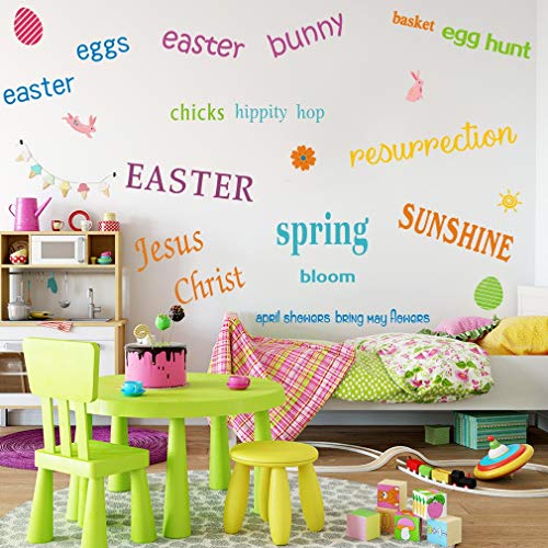 TOARTi Easter Wall Decals(28 Decals), Eggs Bunny Stickers, Inspirational Quotes Wall Art Watercolor Words Decals for Christian Easter Day Window Kids Room Decor
