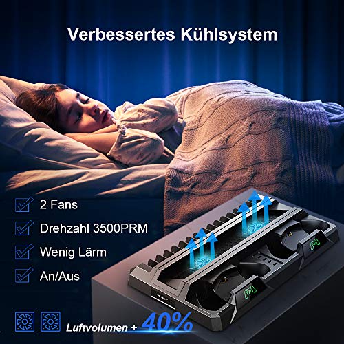 PS4 Vertikaler Standfuß, bedee PlayStation 4 Vertikal Stand mit Kühler Lüfter, DualShock 4 Controller Ladestation mit LED, Ladegerät mit 16 Spielaufbewahrung für Alle PS4/PS4 Slim/PS4 Pro