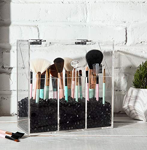 Newslly Acrylic Clear Covered Makeup Brush Holder with Dustproof Lid, Pearls Beads, Large Capacity for Cosmetic Brush Storage (Black)...