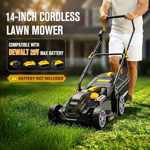 HEINPRO 14" Cordless Lawn Mower Compatible with Dewalt 20V MAX Battery, 2-in-1 Brushless Electric Lawn Mower for Small Yards, Push Mowers with 5-Position Height Adjustment, Black (Tool Only)