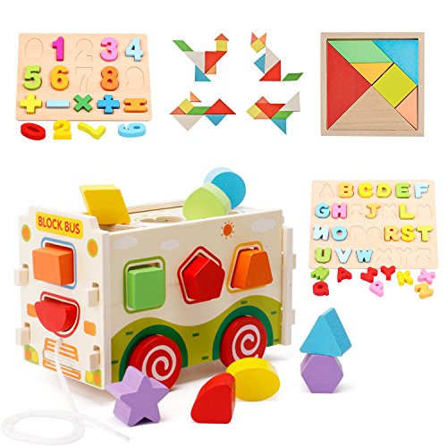 image for Wooden Shape Sorter Bus with Tangram & Number Puzzle Board & Alphabet 