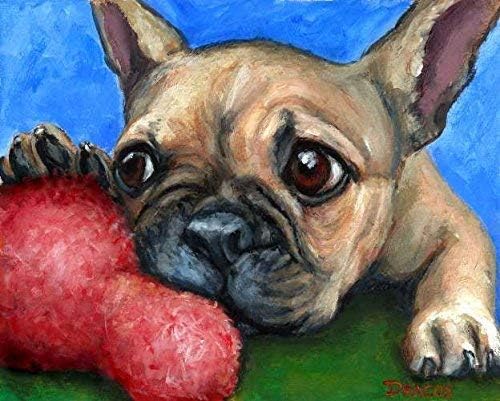 French Bulldog Dog Art Print, Fawn Frenchie Bulldog Puppy, Chewing on Toy, Print of Original Dog Painting by Dottie Dracos, Print sizes from 8x10" up to 16x20".