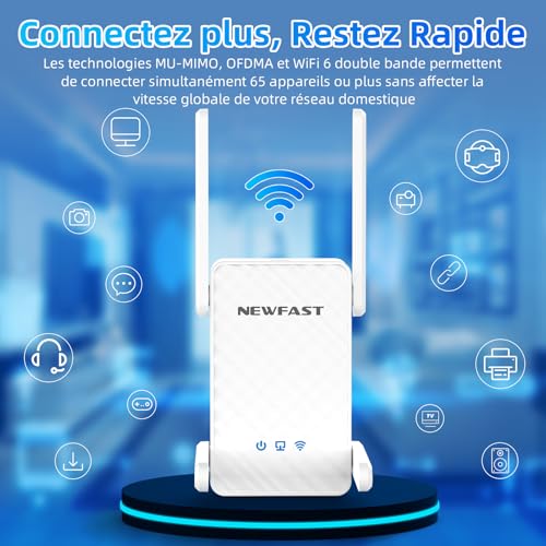 NEWFAST NF-RE556 WiFi Repeater, Powerful AX3000 Mbps WiFi Amplifier, Gigabit Ethernet Port, 2402Mbps 5GHz & 574Mbps 2.4GHz WiFi Repeater Compatible with All Internet Boxes, 4 Antennas