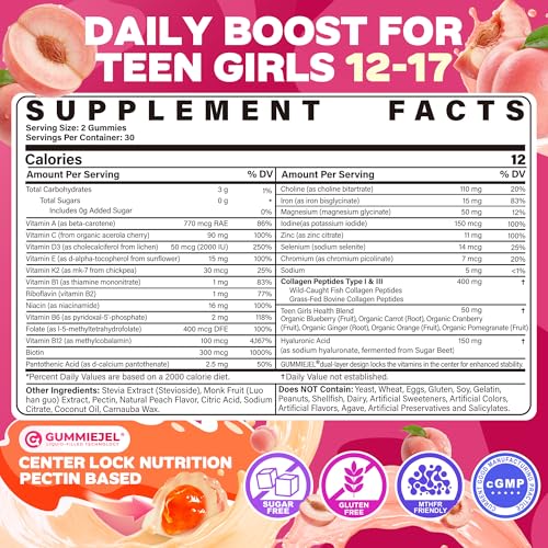 Methylated Multivitamin Gummies for Teen Girls 12-17, Methylfolate, Iron, Collagen, D3 K2, Magnesium, Zinc, Daily Vitamins A C E, B Complex for Teenager Growth, Skin, Bone, Energy - Sugar Free, 60 Cts