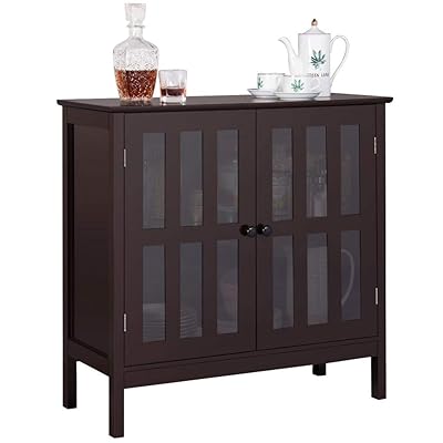 YAHEETECH Wooden Storage Buffet Cabinet with Glass Doors, Brown
