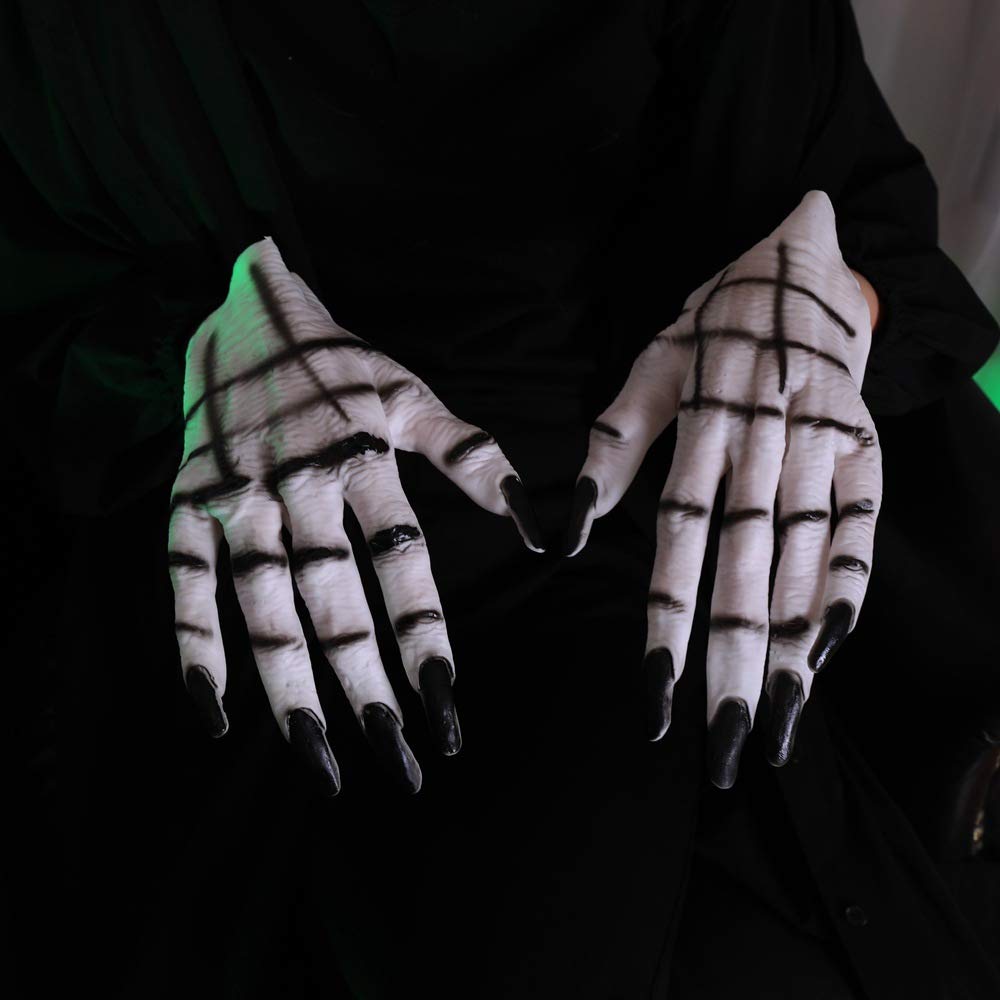 Qchomee Adults Skeleton Gloves Grim Reaper Hands Halloween Black Nails Claws Paws Ghoul Costume Fancy Dress Masquerade Party Props Accessory