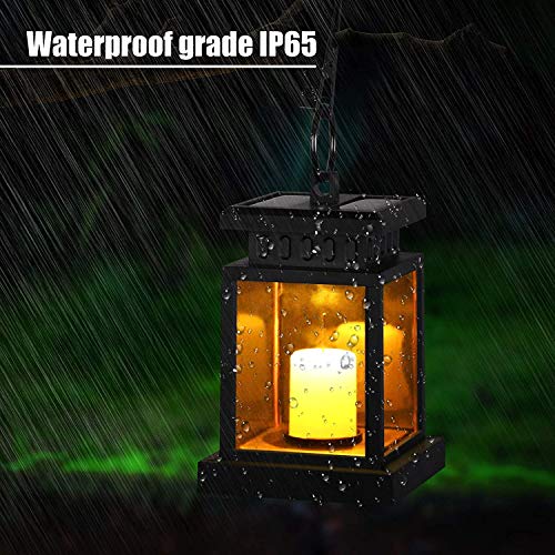 Farol solar para exterior, farol solar exterior con vela decorativa LED, resistente al agua, farolillos colgantes de jardín, decoración de jardín, luces festivas para exteriores (2 piezas)