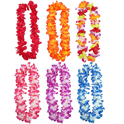 Livder 6 Pieces Hawaiian Flower Leis Necklaces, Tropical Island Beach Theme Party Decorations Supplies - Thumbnail 7
