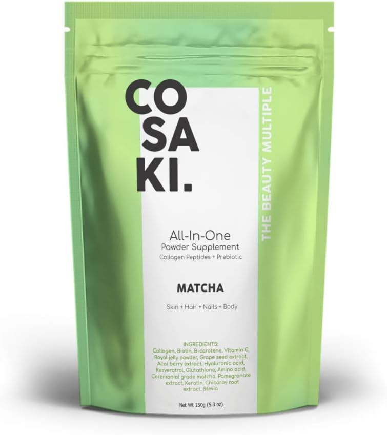 Cosaki Collagen Peptides Powder + Hyaluronic Acid + Vitamin C + Glutathione + Prebiotic, All-Natural Gluten Free and Non-GMO (150g Pouch) (Unflavored) (Matcha)