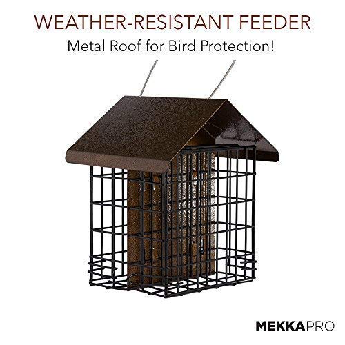 MEKKAPRO Double Suet Wild Bird Feeder with Hanging Metal Roof, Two Suet Capacity, Bird Feed Recommended (Renewed)