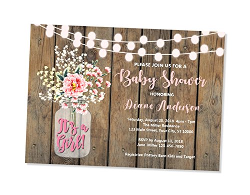 Rustic Baby Shower Invitations, Wood & String Of Lights Baby Shower Invitations, Baby's Breath Mason Jar Baby Shower Invitations