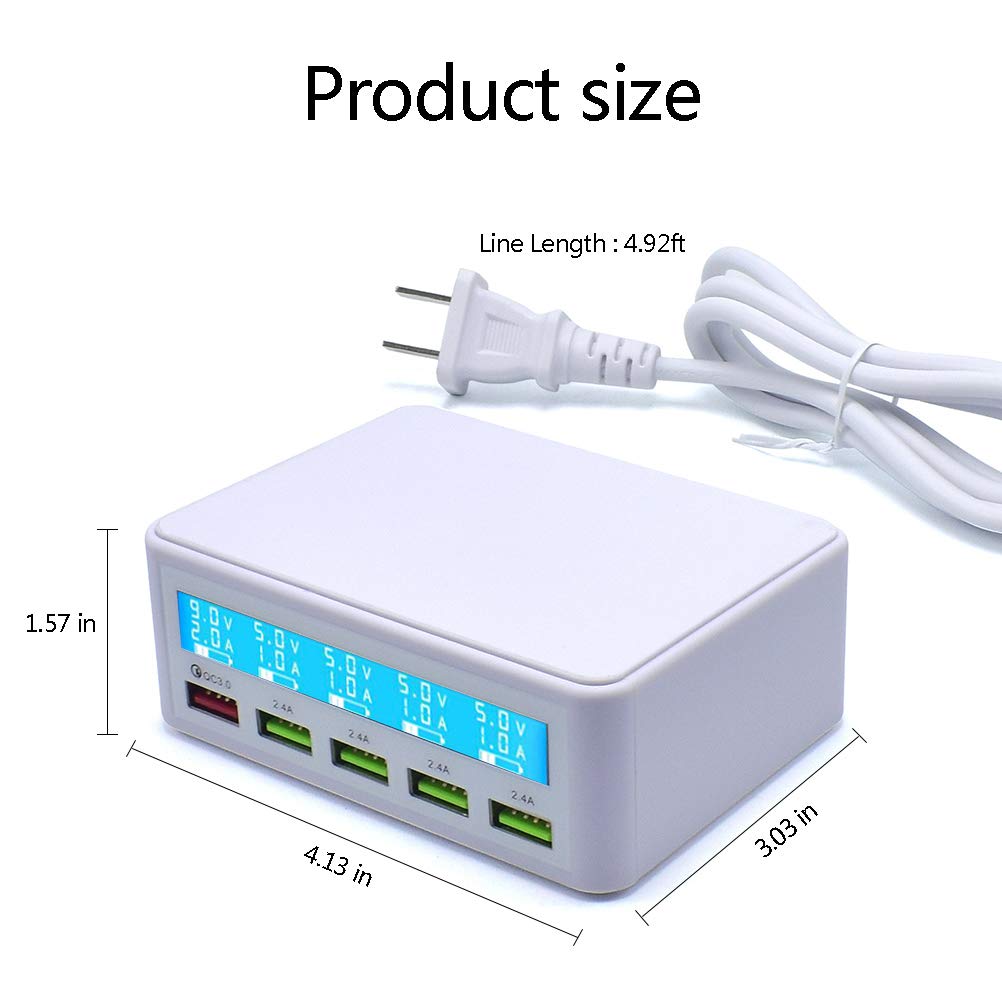 Multi USB Charger,50W 5 Port USB Fast Charger with QC 3.0 Quick Charge LCD Smart Charging Station Hub for Smartphone,Tablet,Power Bank and Multiple Devices (White)