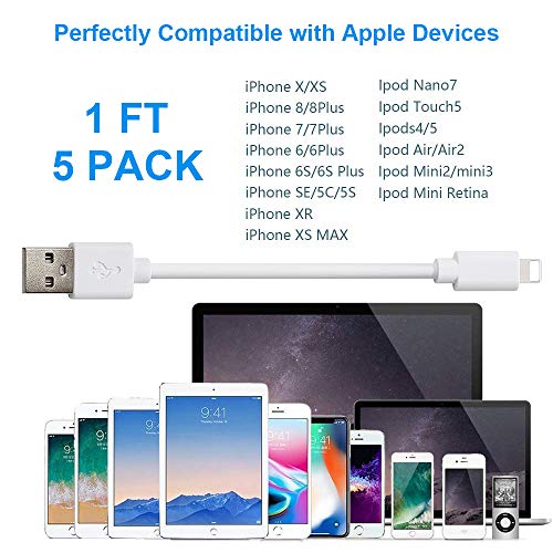 Short USB Charging Cables (5 Pack 1FT) Compatible with all Charging Station, Pezin & Hulin Fast Charging Syncing Cables Compatible for iPhone Xs MAX XR X 8 8 Plus 7 7 Plus 6s 6s Plus 6 6 Plus and More