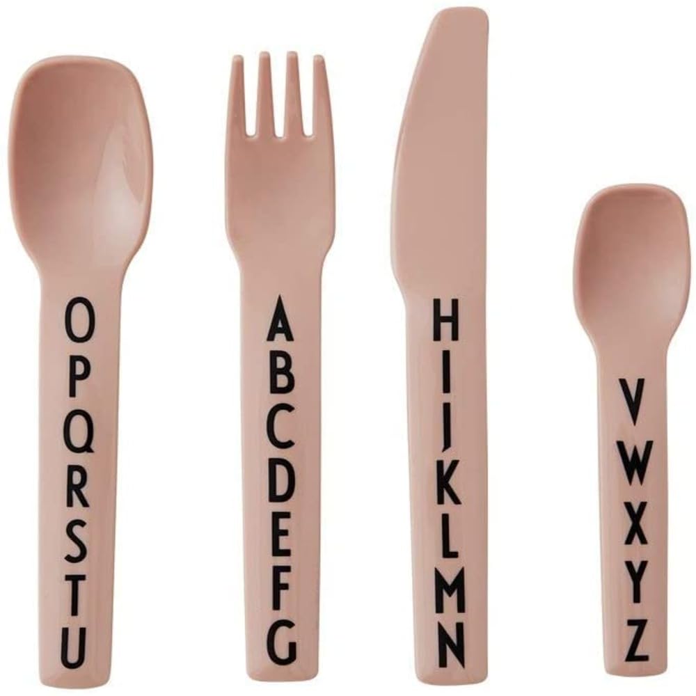 Design Letters tritan Cutlery for Baby and Kids, 4 pcs. (Nude) - BPA-Free, BPS-Free and EA-Free, with A-Z Alphabet Print, Drop-Safe, Dishwasher Safe