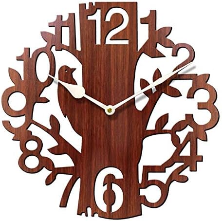 VOLGA Tree Bird Round Wood Wall Clock (30 cm x 30 cm x 3.5 cm, Brown)
