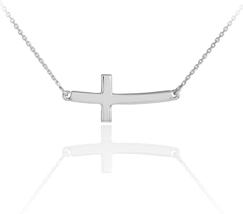Dainty 14k White Gold Cute Curved Sideways Cross Necklace