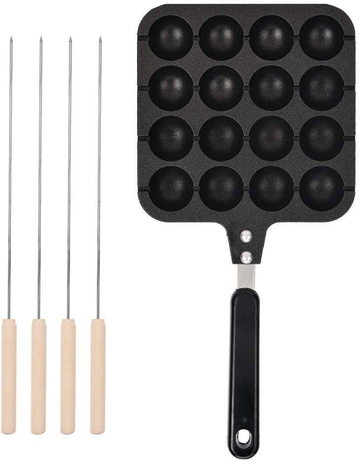 Takoyaki Non-Stick Grill Pan with 16 Holes and 4 Baking Needles, Cast Aluminium