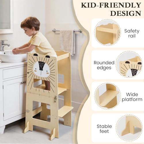 labebe Montessori Tower Kids (98cm Height), Large Size Wooden Folding Montessori Tower, 3 in 1 Kids Desk and Chair Set Transformable with Chalkboard