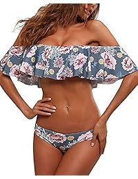 Tentame Bikini con hombros descubiertos y blusa con volantes, traje de dos piezas estampado floral para dama