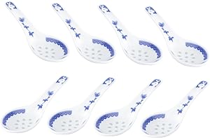 Lurrose 8Pcs Chinese Style Soup Spoons Portable Ceramic Dinner Spoons with Elegant Blue and White Porcelain